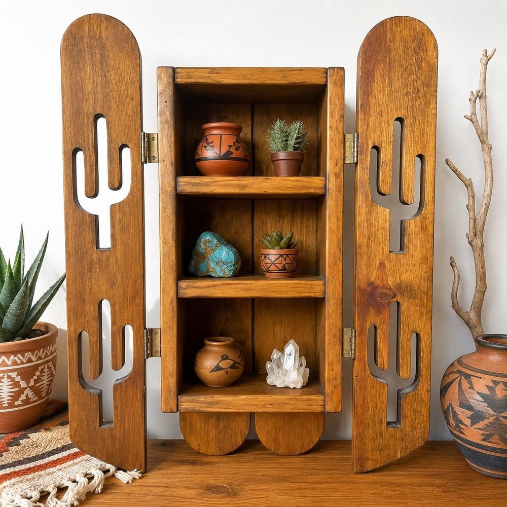 Vintage Southwestern Cactus Wall Cabinet Shelf Rustic Western Wood Curio